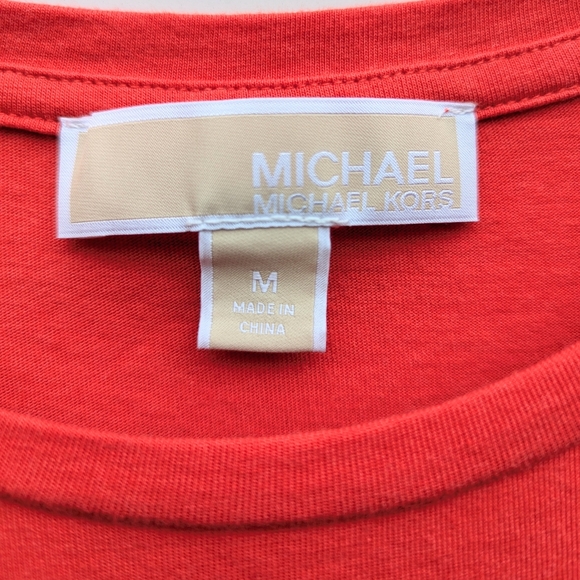 Michael Kors red orange short sleeves brass logo engraved plate Holiday slit bow - Picture 3 of 14